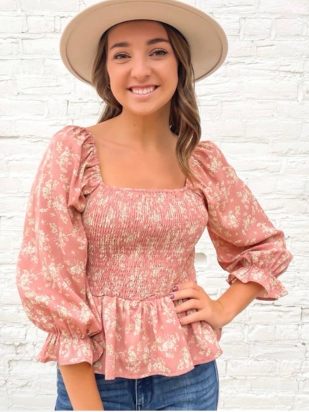 Paper Crane Rose Floral Smocked Square Neck Peasant Peplum Top